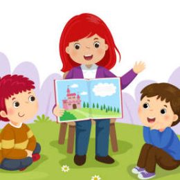 Teacher telling a story to nursery children in the garden Teacher telling a story to nursery children in the garden